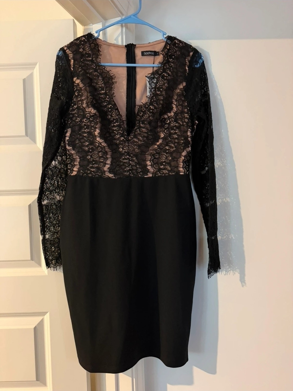 Boohoo Black Lace & Nude Illusion Long-Sleeve Bodycon Dress